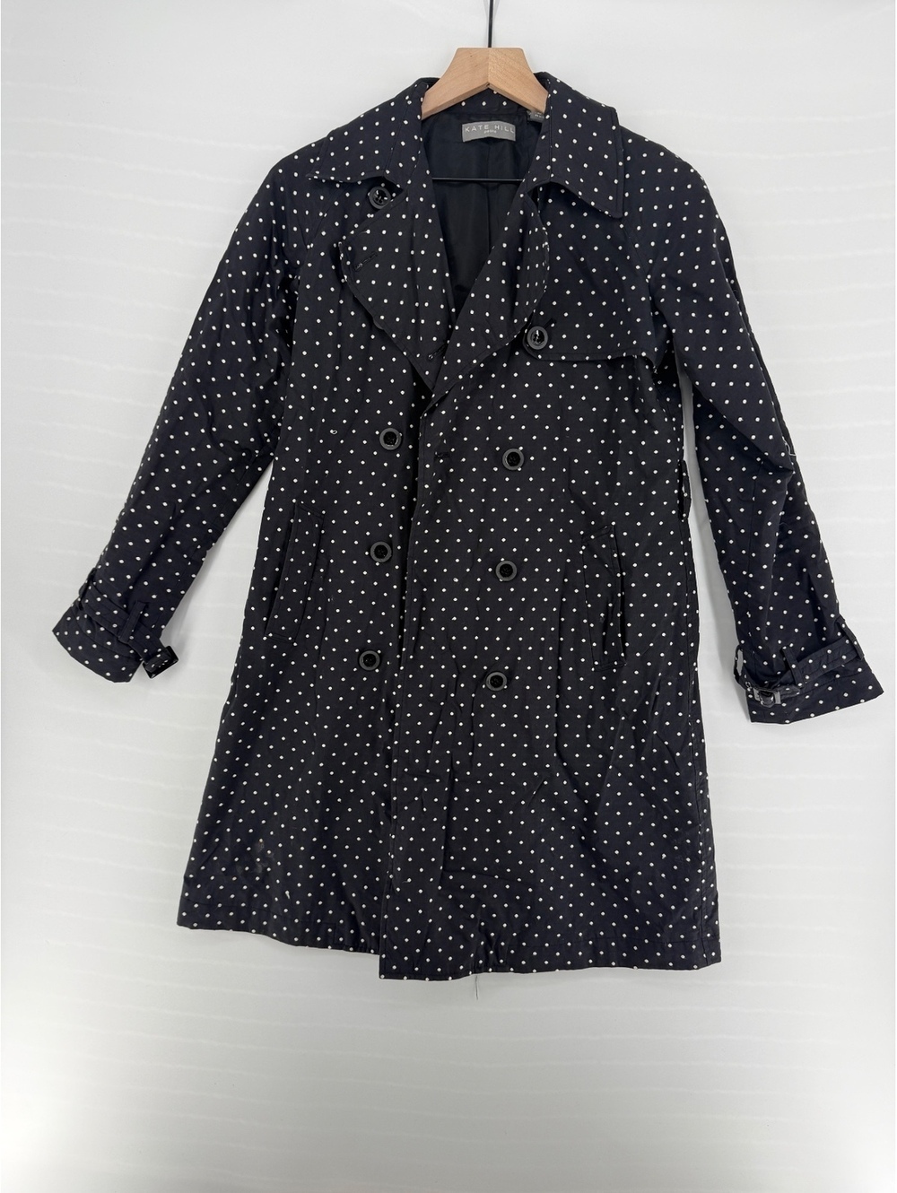Kate Hill Petite Trench Coat Womens 8P Black White Polka Dot Belted Jacket